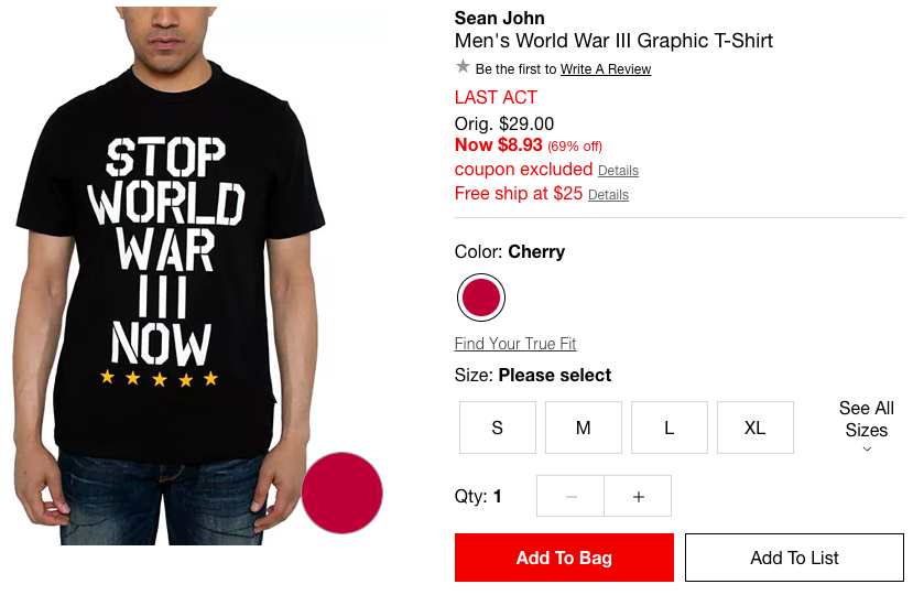Sean John Men's World War III Graphic T-Shirt男士T恤