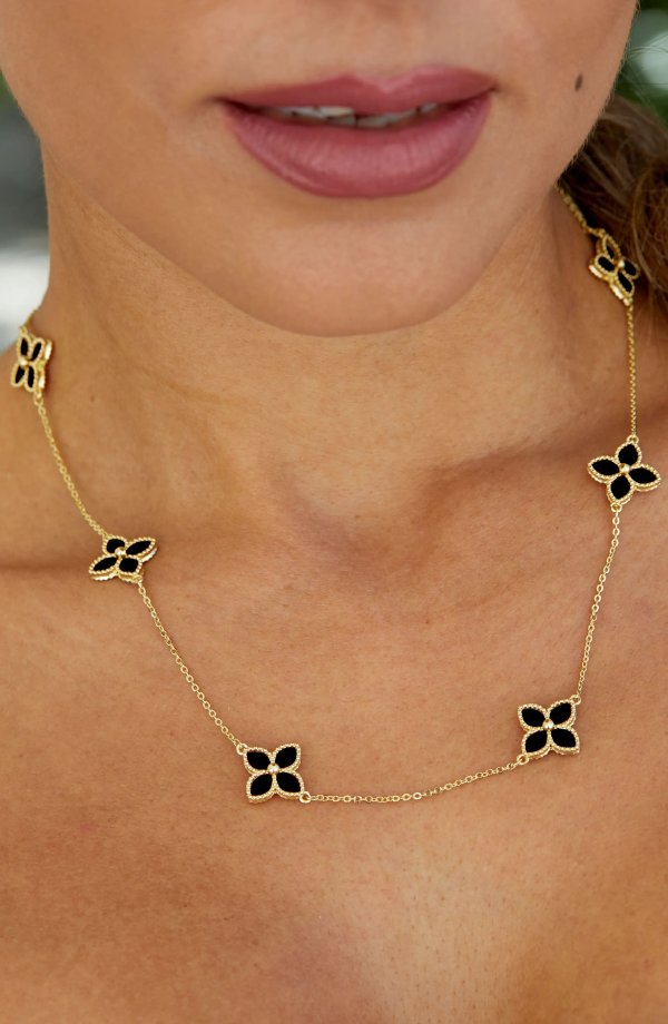 Yellow Gold Vermeil Onyx Flower Station Necklace