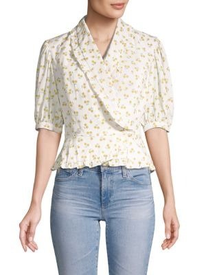 Ditsy Print Puff-Sleeve Wrap Blouse