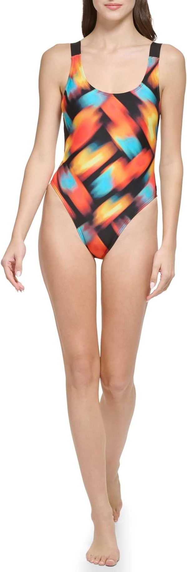 Standard Logo Elastic Straps Low-Cut Back Removable Soft Cups One Piece Swimsuit