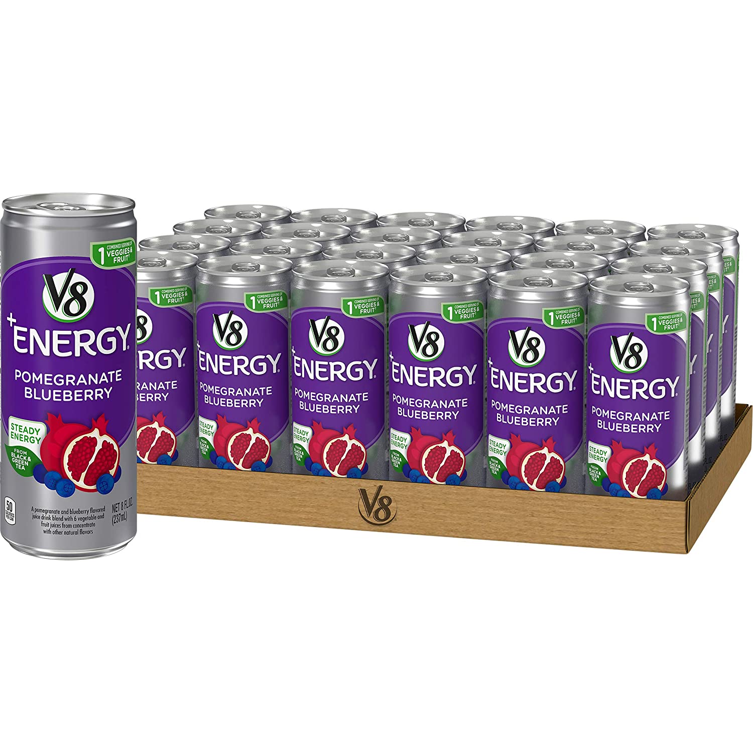 V8 +能量，健康能量饮料，茶中的天然能量，石榴蓝莓，8盎司罐装（24个装）