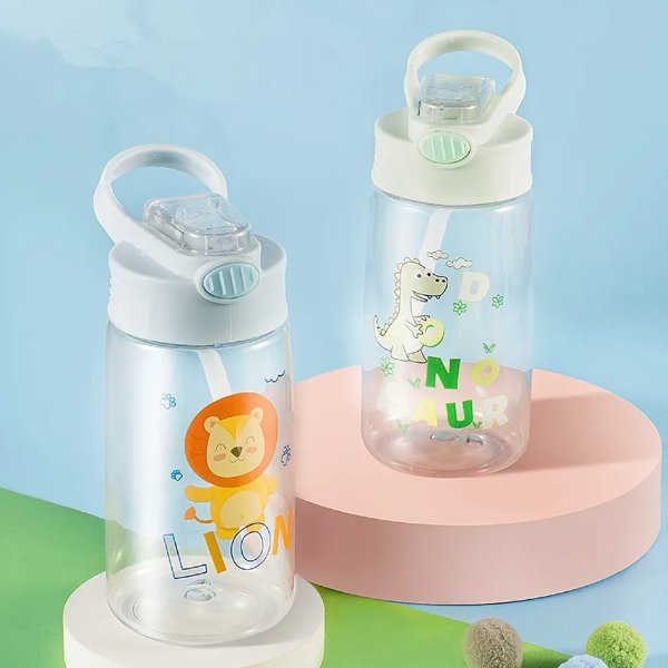 Kids Cartoon Print Straw Water Bottle Plastic Sippy Cup with Handle Easy Use for Girls and Boys