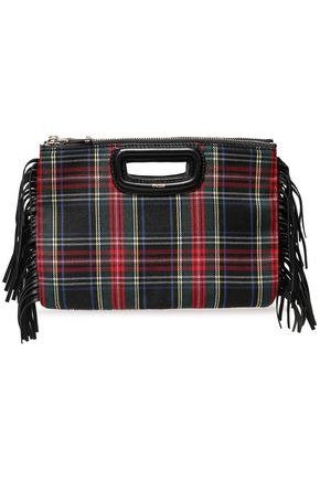 Fringed checked leather and wool-twill clutch