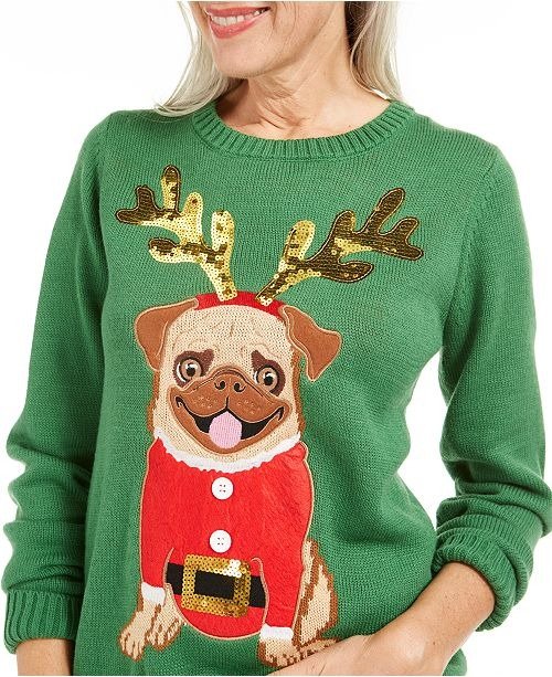 Sequined Pug Holiday Sweater, Created For Macy's