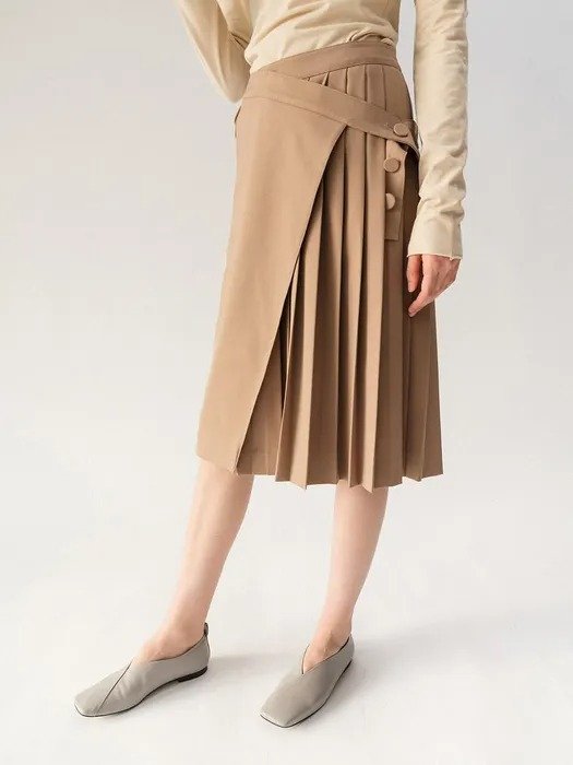 Elasticated Belt Pleated Skirt_Beige