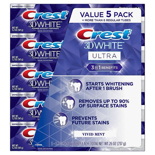 Crest 3D White Ultra Whitening Toothpaste, Vivid Mint (5.2 oz., 5 pk.) - Sam's Club