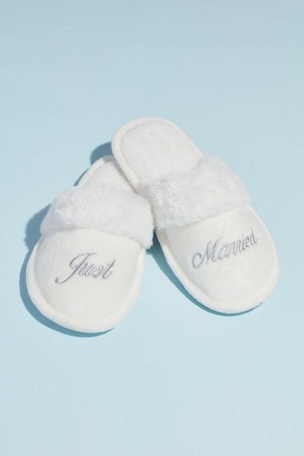 Fuzzy Just Married Metallic Embroidered Slippers