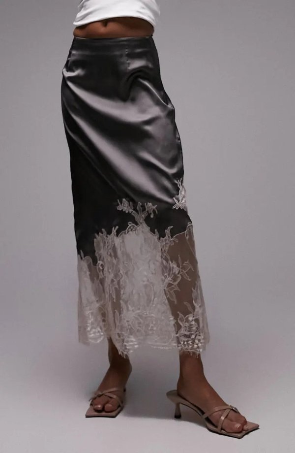 Lace Panel Satin Skirt