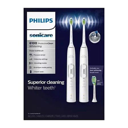 Philips Sonicare ProtectiveClean 6100 Whitening Electric Rechargeable Toothbrush, White (2 pk.) - Sam's Club
