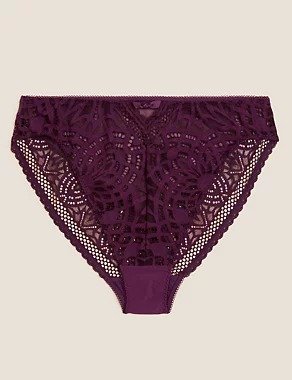 紫红色高腰三角蕾丝内裤