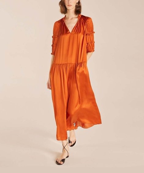 Orange Pleated Tiered-Sleeve Maxi Dress - Women