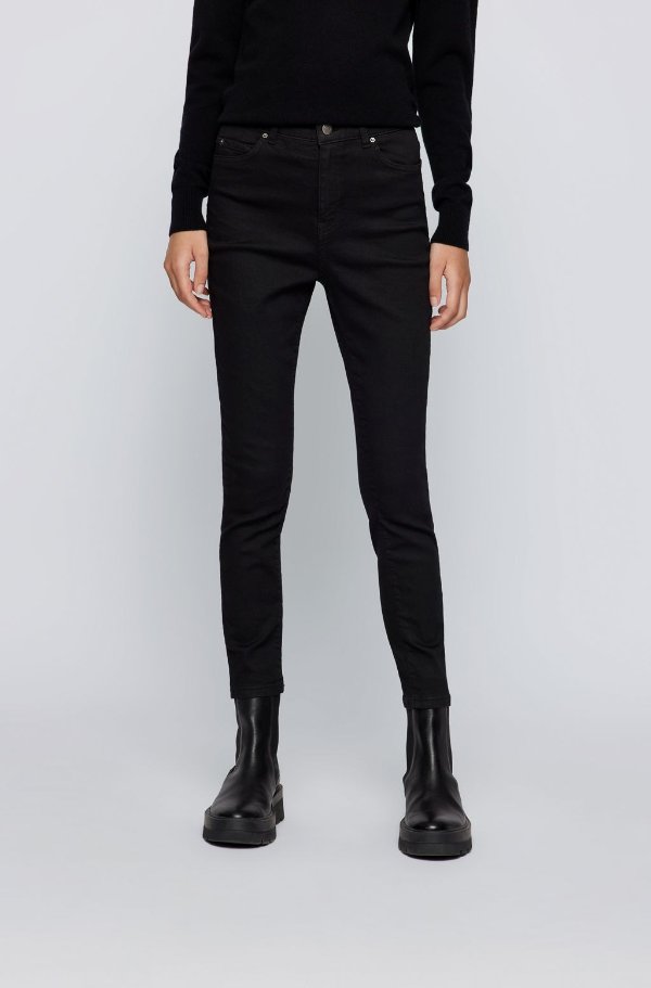 Super-skinny-fit jeans in Stay Black stretch denim Long-length relaxed-fit blouse in organic cotton by boss Italian-leather Chelsea boots with rubber lug sole by boss