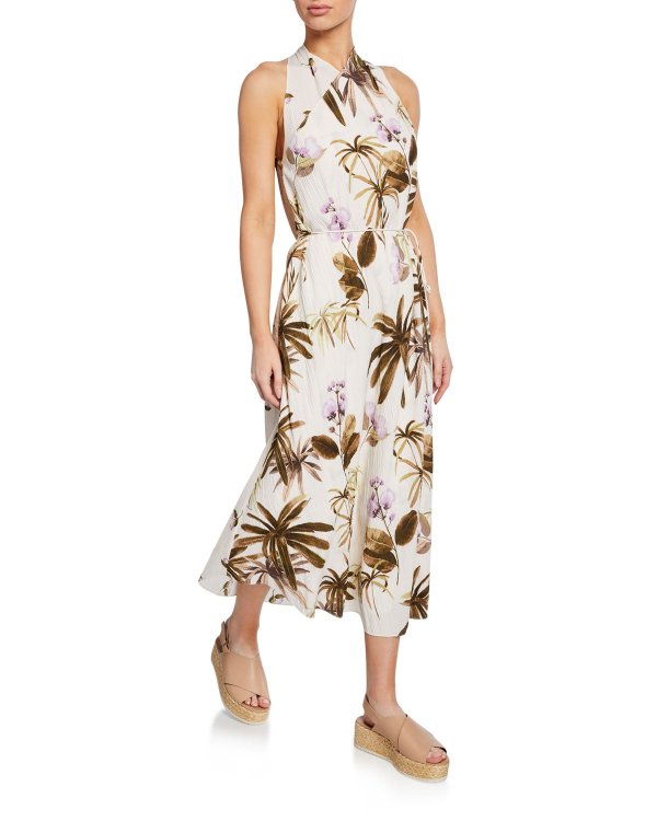 Mixed Tropical Garden Halter Maxi Dress