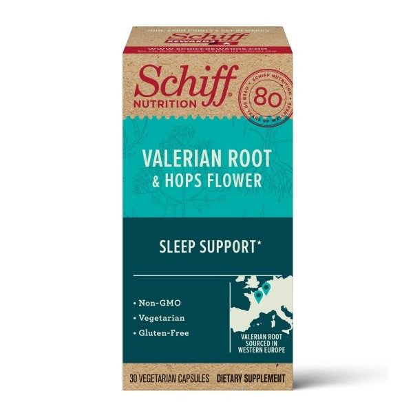 (2 pack) Schiff Valerian Root & Hops Flower Capsules (30 count), Vegetarian, Gluten Free & Non-GMO Supplement That Helps Support Sleep٭