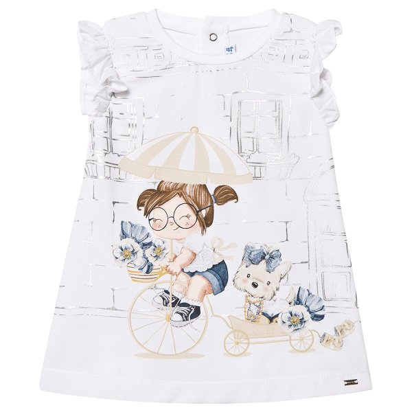 White Girl Cycling & Dog Print Frill Sleeve Dress | AlexandAlexa