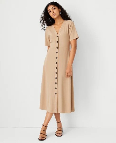 Ribbed Button Front Midi Dress | Ann Taylor