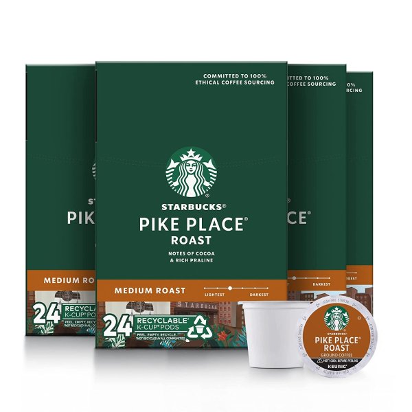 Starbucks K-Cup Coffee Pods—Medium Roast Coffee—Pike Place Roast—100% Arabica—4 boxes (96 pods total)