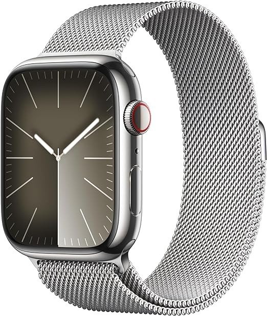 Watch Series 9 [GPS + Cellular 45mm] Smartwatch with Silver Stainless Steel Case with Silver Milanese Loop. Fitness Tracker, Blood Oxygen & ECG Apps, Always-On Retina Display