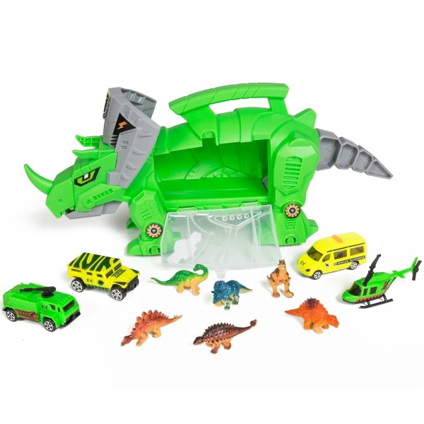 Kids Triceratops Toy Car Carrier Set w/ 4 Vehicles, 6 Dinosaurs