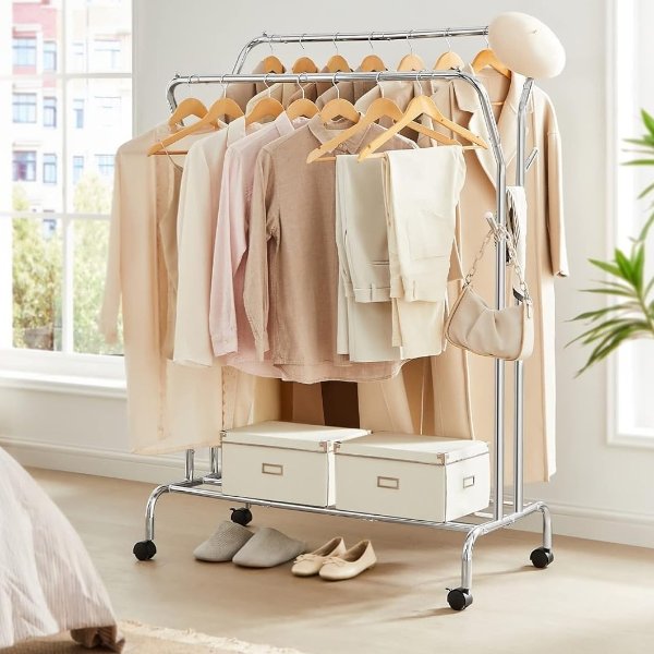 Clothes Rack, Double-Rod Clothing Rack with Wheels, Heavy-Duty Metal Frame, Garment Rack, 220 lb Max. Total Load, 40.7 Inches Wide, Clothes Storage and Display, Silver UHSR107E01