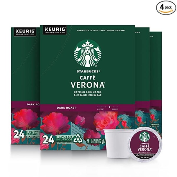 Starbucks Dark Roast K-Cup Coffee Pods — Caffe Verona for Keurig Brewers — 4 boxes (96 pods total) - Packaging may vary