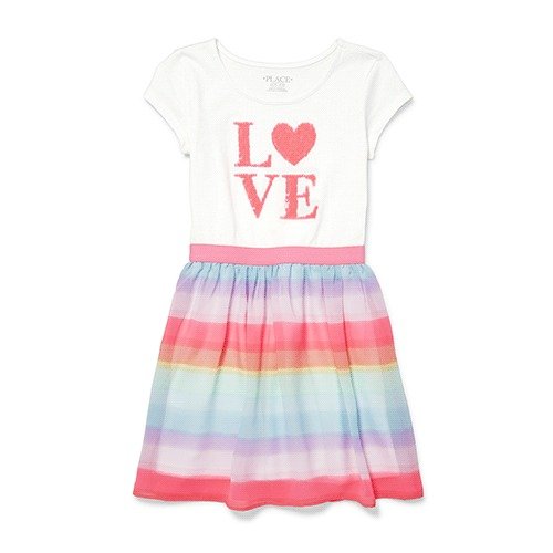 Girls Short Sleeve Flip Sequin 'LOVE' And Striped Knit To Woven Dress