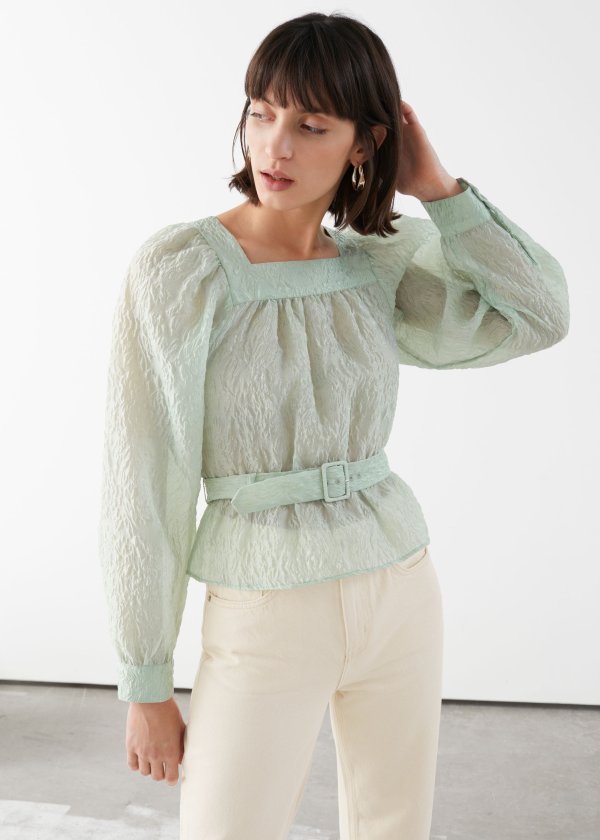 Belted Bubble Sleeve Crepe Top