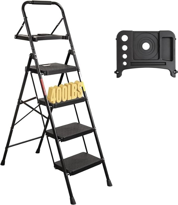 BONTEC 4-Step Ladder, Folding Step Stool with Tool Platform, Wide Anti-Slip Pedals, Max Load Capacity 400lbs Sturdy Steel Ladder, Lightweight Portable Ladder, Tall Step Ladder for House Use, Black