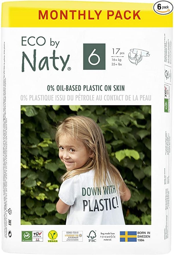 Eco by Naty Baby Diapers - Plant-Based Eco-Friendly Diapers, Great for Baby Sensitive Skin and Helps Prevent Leaking (Size 6, 102 Count)