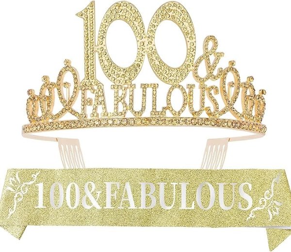 100th Birthday Sash and Tiara for Women - Fabulous Glitter Sash + Fabulous Rhinestone Gold Premium Metal Tiara for Her, 100th Birthday Gifts for 100 Celebration