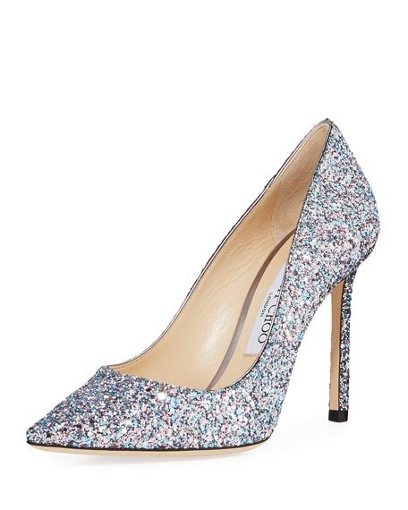Romy 100mm Coarse Glitter Fabric Pointed-Toe Pumps