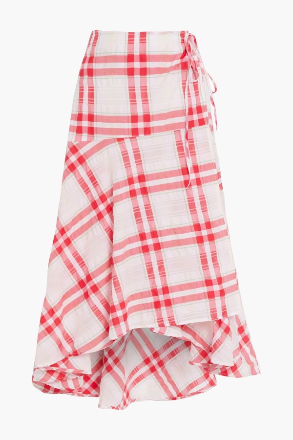 Asymmetric checked cotton-blend midi wrap skirt