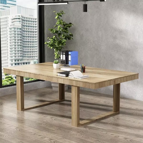 Wooden Grain Color Wood 86.6 in. Width Rectangle Double-based Dining Table, Meeting Table for 6-10