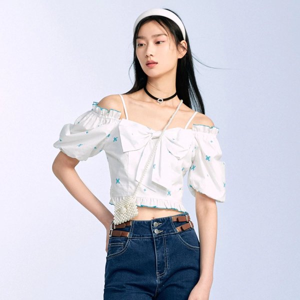Floral Embroidery Puff Sleeve Bow Front Blouse | Peacebird Women Fashion