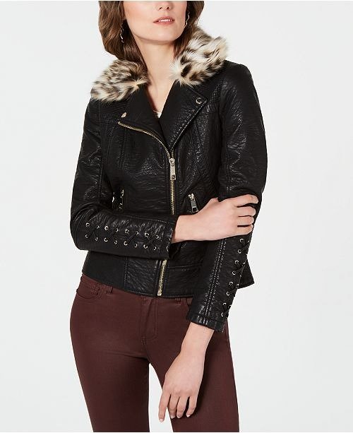 Faux-Leather Moto Jacket with Leopard-Print Faux-Fur Collar