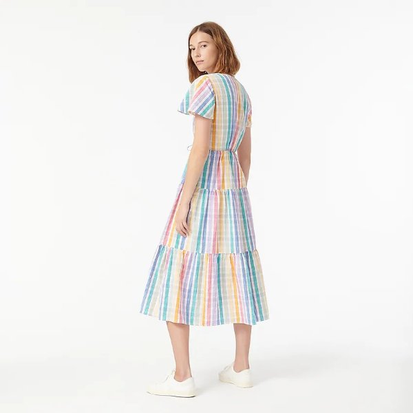 Faux-wrap dress in rainbow gingham