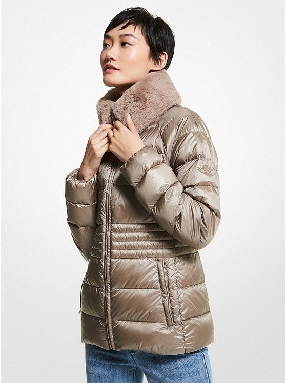 Faux Fur Collar Quilted Nylon Packable Puffer Jacket