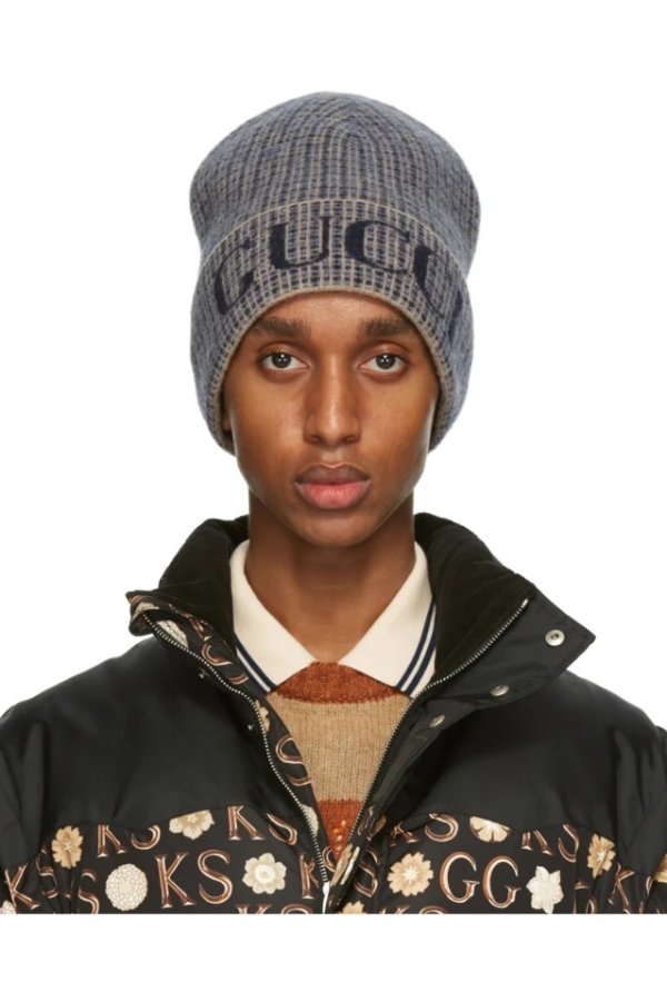 Blue & Taupe Wool Check Beanie