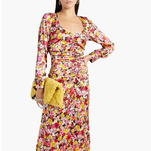 Ruched floral-print silk-blend midi dress