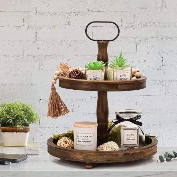 HAPOO Tiered Tray Stand 2 Tiered Tray for Kitchen Bedroom Bathroom Entryway Coffee Bar Farmhosue Tiered Tray for Decors