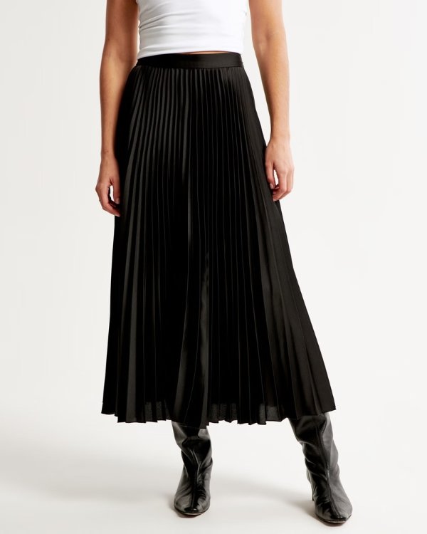 Satin Pleated Midi Skirt