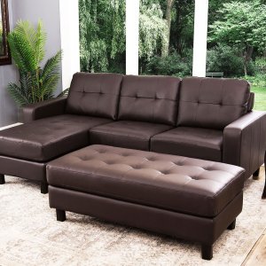 Claire Leather Reversible Sectional and Ottoman