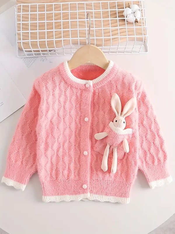 Girls Cute Pocket Rabbit Knit Cardigan Sweater Thickened Warm Knitted Coats For Autumn And Winter