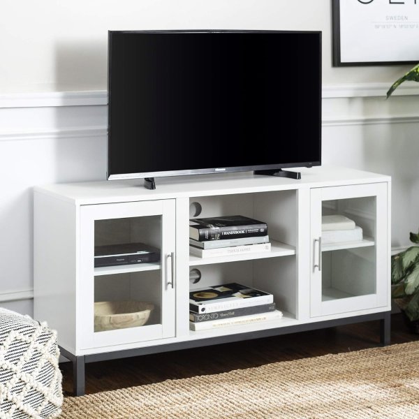 Modern Glass and Wood Universal TV Stand with Open Storage For TV's up to 58" Flat Screen Living Room Storage Entertainment Center, 52 Inch, White