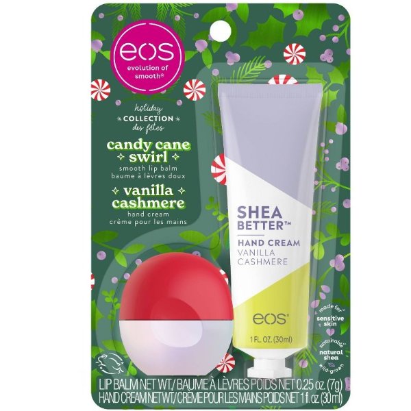 eos Holiday Hand Cream &#38; Lip Balm Gift Set - Candy Cane and Vanilla Cashmere - 2pc