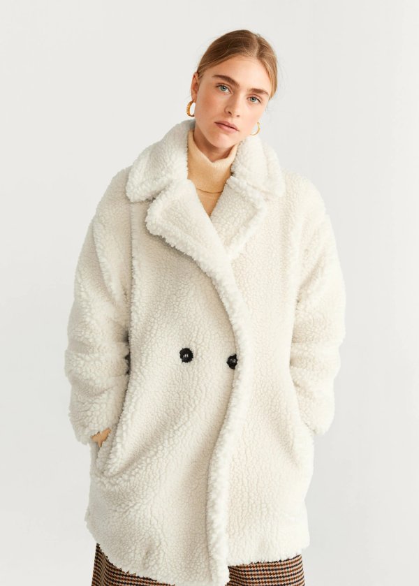 Double breasted faux shearling-lined coat - Women | Mango USA