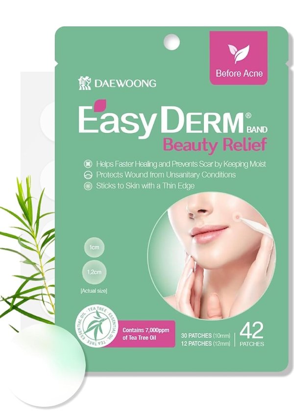 DWEasyDerm Band Beauty Relief 42 counts - Contains 7,000ppm of Tea Tree Oil, Hydrocolloid Pimple Patch, Ultra-slim 0.1mm, Waterpoof