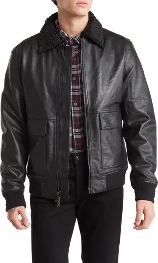 Faux Shearling Leather Aviator Jacket