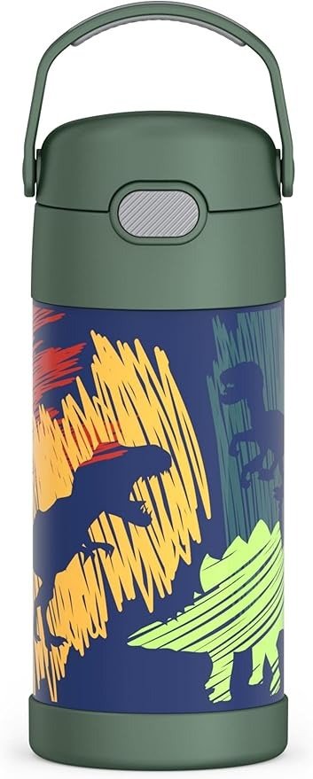 FUNTAINER 12 Ounce Stainless Steel Vacuum Insulated Kids Straw Bottle, Dinosaurs