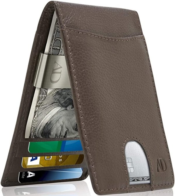 Leather Money Clip Wallet For Men - Slim Bifold Mens Wallets Brown RFID Front Pocket Thin Minimalist Credit Card Holder